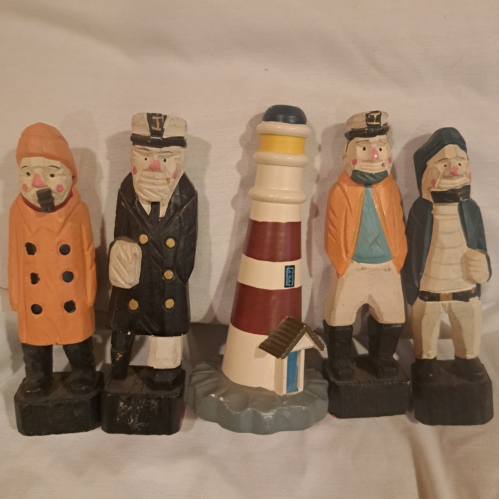 Source Unknown Orange, Black, White Nautical Carved Figurines and Lighthouse